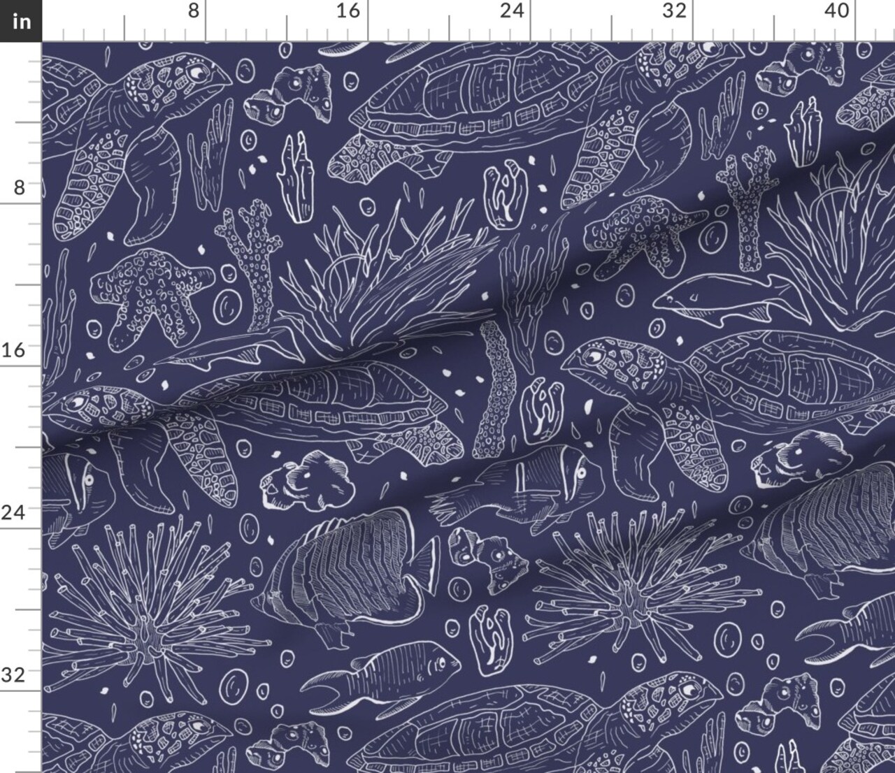Blue Fish Turtles Line Drawing And White Sea Creatures Life Coastal Navy Underwater Animals Chic Beach House Custom Printed Fabric by Spoonflower Various Fabrics by the Yard or Fat Quarter